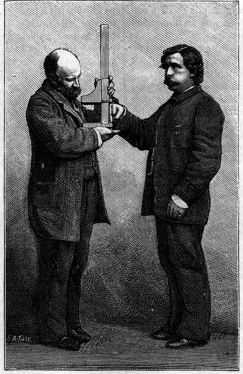 识别字体的方法：用滑动的罗盘测量中指。雕刻在1883年8月25日的《自然：科学与艺术和工业应用杂志》上。 作者 未知艺术家