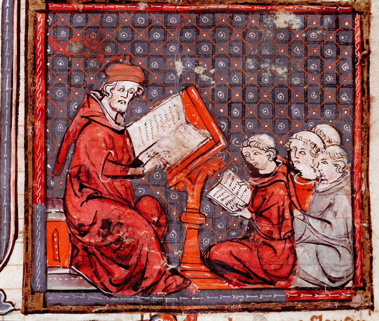 Middle Ages: “” A class of philosophy, the teacher and his students””” Miniature taken from “” Grandes Chronicles de France”” 1375-1379 Municipal Library, Castres 作者 未知艺术家