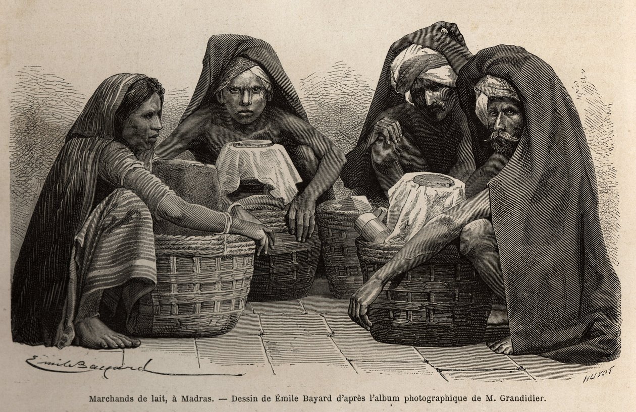 Milk merchants, in the streets of Madras (present-day Chennai, Tamil Nadu). Engraving to illustrate the voyage in the meridional provinces of India, by Alfred Grandidier, in 1862-1864, published in “” le tour du monde””, under the direction of D