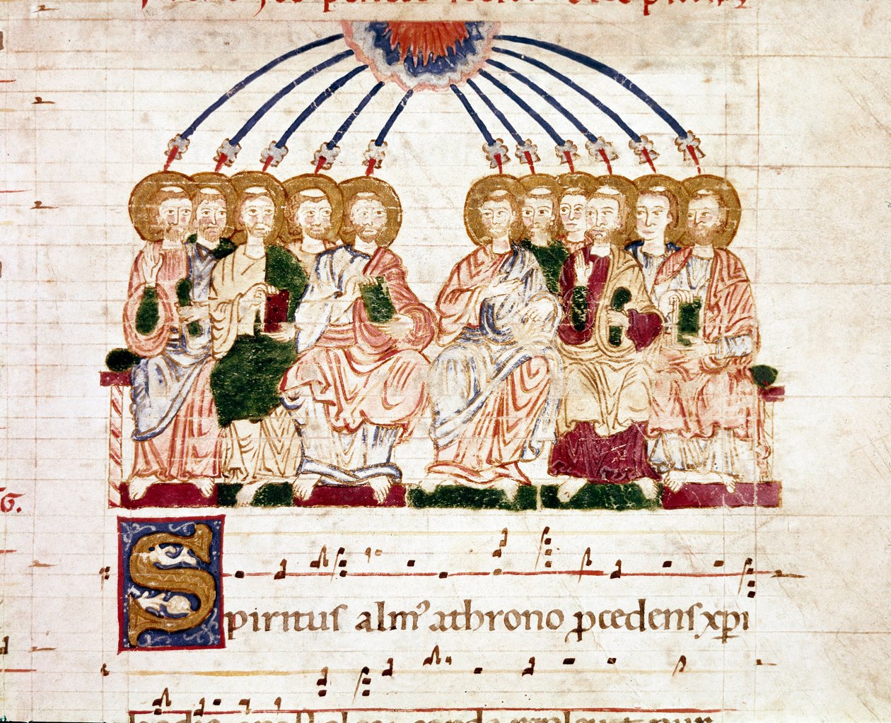 来自渐进式对唱 (tropair) 的微型五旬节 (ms. 65) 12 世纪 Plaisance，Biblioteca Capitolare 作者 未知艺术家