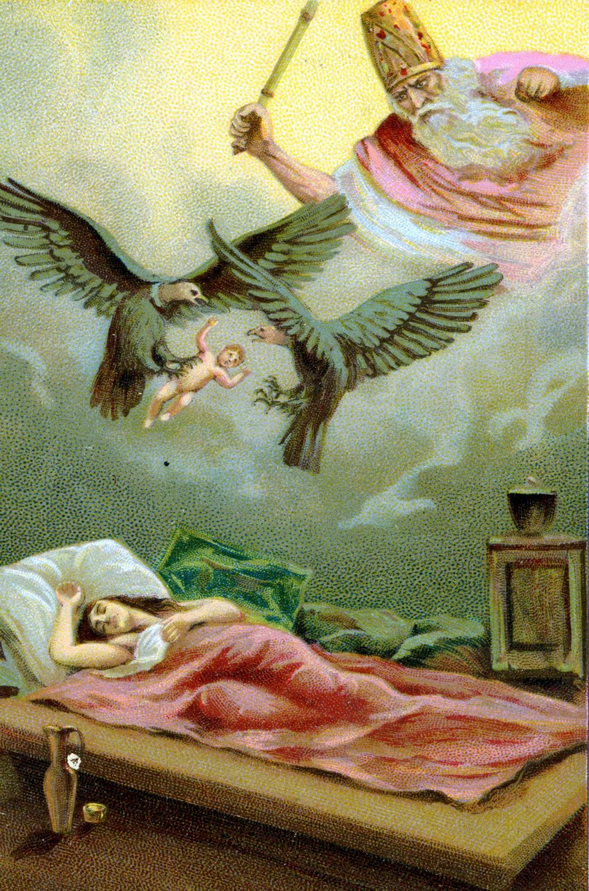 查拉图斯特拉（Zarathustra、Zarathustra、Zarathustra 或 Zoroastra）奇迹般的诞生，伊朗先知和宗教改革者（公元前 6 世纪）。 19 世纪的彩色石版画。 作者 未知艺术家