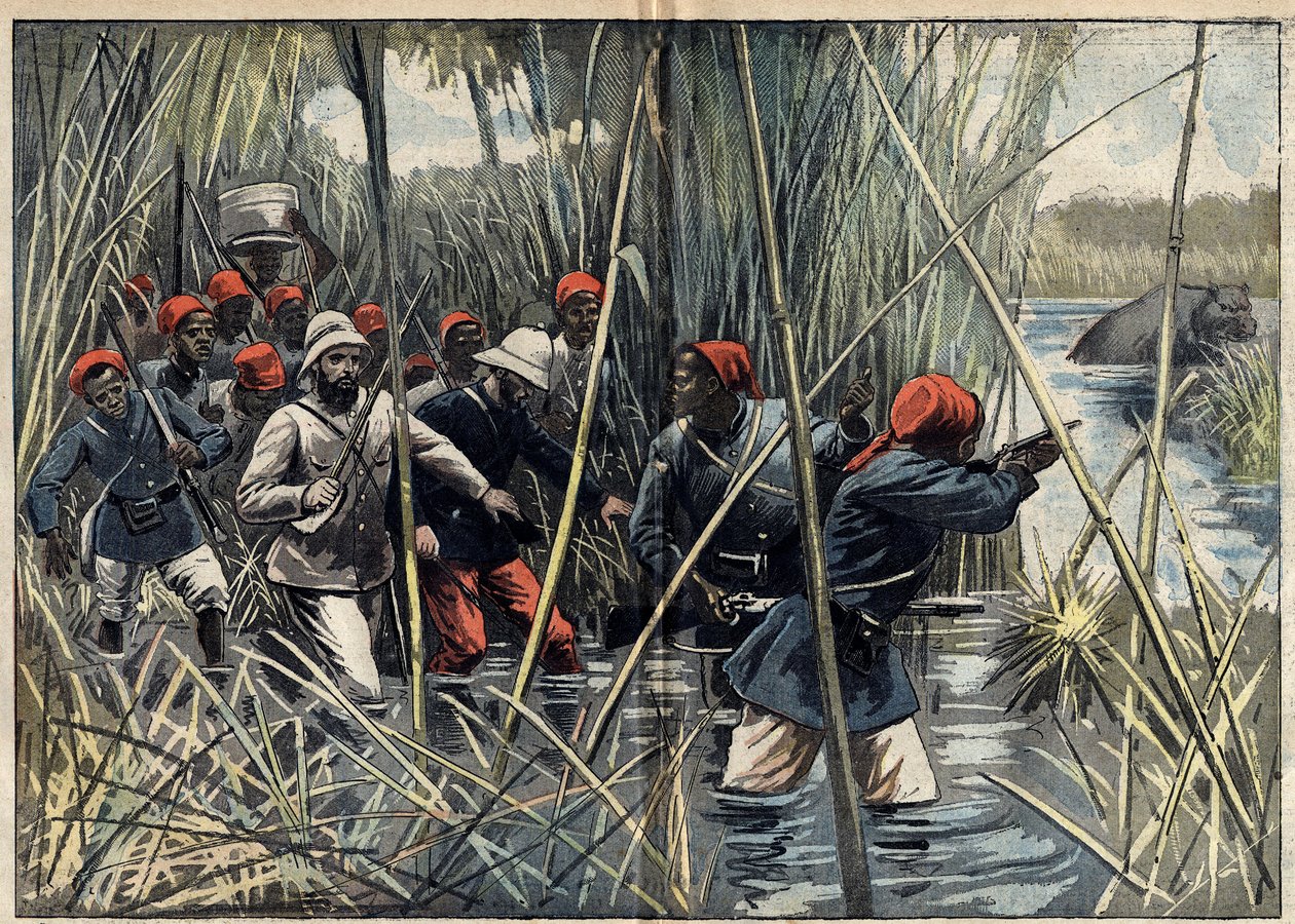前往法乔达（苏丹）的马尚任务（1896-1899）：法国上尉巴拉蒂埃（1864-1917）和他的部队穿过沼泽向法乔达推进。(根据Baratier上尉的日志）。)11月6日 "Le Pelerin "杂志上的插图 作者 未知艺术家