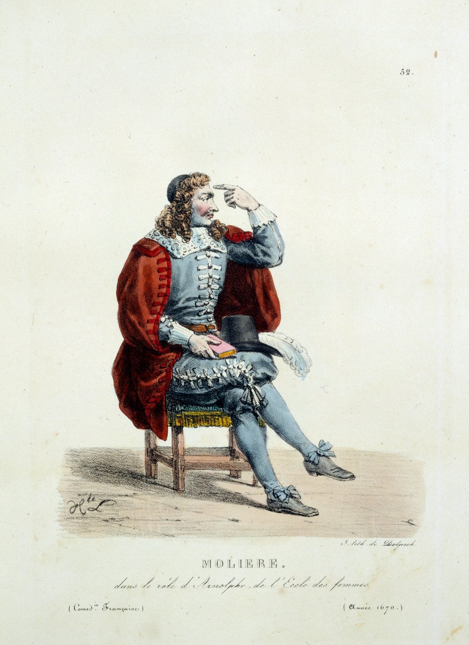 莫里哀在 1670 年的作品“女性学校”中扮演阿诺尔夫的服装。Hippolyte Lecomte（1781-1857）的法国喜剧服装。 19 世纪的雕刻。 科尔。 我们走吧。 作者 未知艺术家