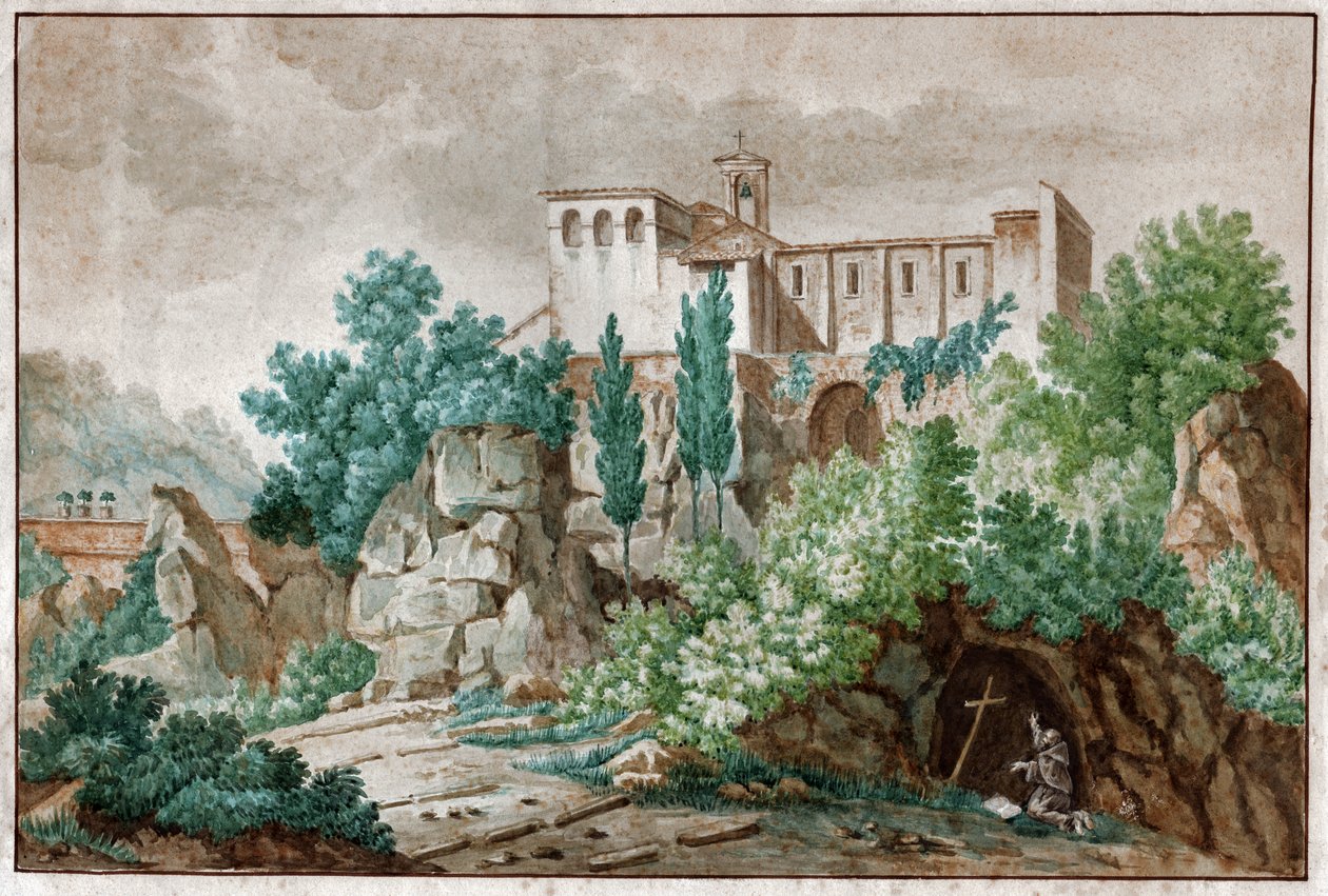 意大利的寺院。(水彩画，约1850年) 作者 未知艺术家