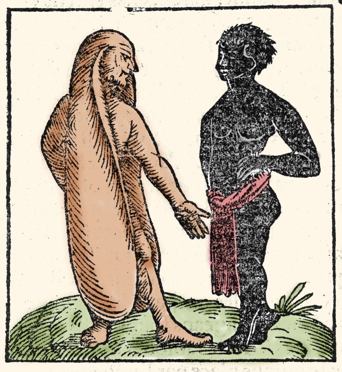 可怕的生物：两个非洲男人，其中一个长着长耳朵来保护自己免受阳光和寒冷的伤害。 当情况恐吓他们时，他们的耳朵会让他们飞走。 象征性地，他们允许他们更好地聆听上帝的话语。 木糖醇 作者 未知艺术家