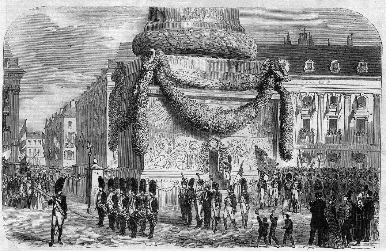 1864年8月15日上午，在巴黎旺多姆广场的圆柱脚下举行的国家庆典。雕刻在 "美丽的宇宙 "中 作者 未知艺术家