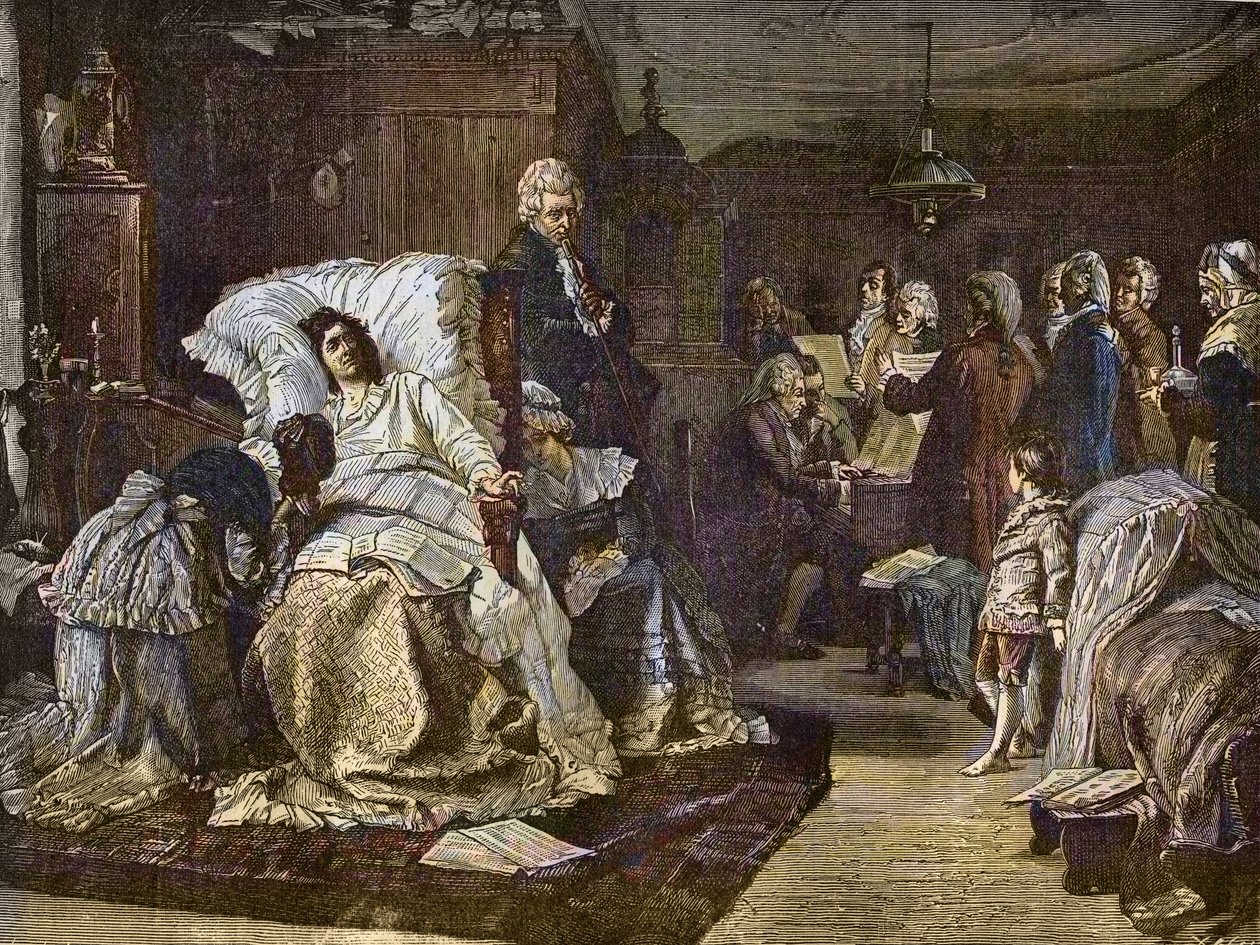 莫扎特最后的日子在赫尔曼-考尔巴哈（1846-1909）的画作之后 - Gli ultimi momenti di Mozart - 沃尔夫冈-阿玛迪斯-莫扎特的最后一天 - 雕刻在《大众音乐》杰出的周报上 - 1882年 作者 未知艺术家