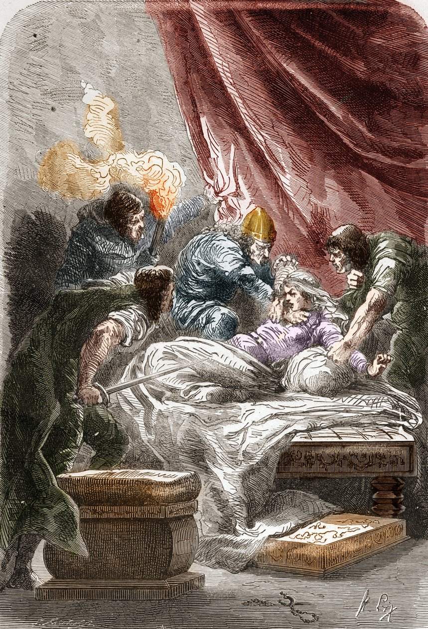 Galswinthe (Galsuinde) (Galsuinte)（约545 - 567）的谋杀案，诺伊斯特里亚的法兰克人女王，Chilperic I（法兰克人国王）的妻子。雕刻于 "Histoire De France En Cent Paintings by Paul Lehugeur" 1891年 作者 未知艺术家