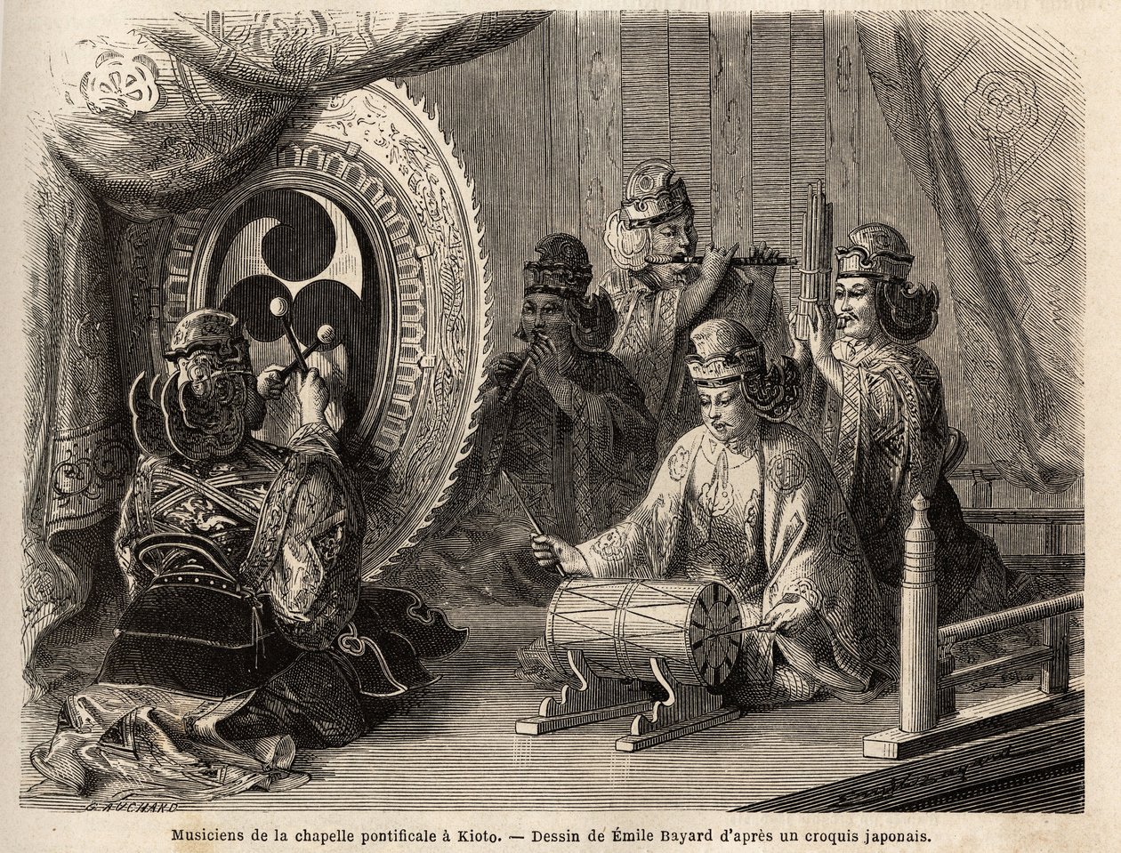 Musicians of the pontifical chapel in Kyoto (or Kioto), playing five sacred instruments, flute traversiere and flute of pan, marine conch, timpani and kakdaiko, the original gong. Engraving to illustrate the voyage to Japan in 1863-1864, by Aime Humbert, m 作者 未知艺术家