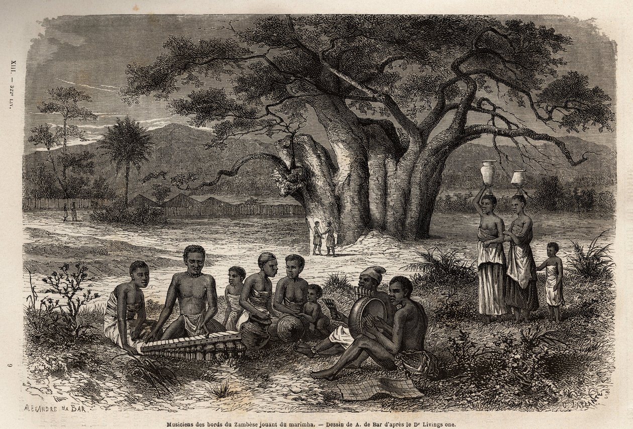 Musicians playing marimba (a blend of balafon and precolombian instruments) on the banks of the Zambese River. Engravure to illustrate Dr. Livingstone