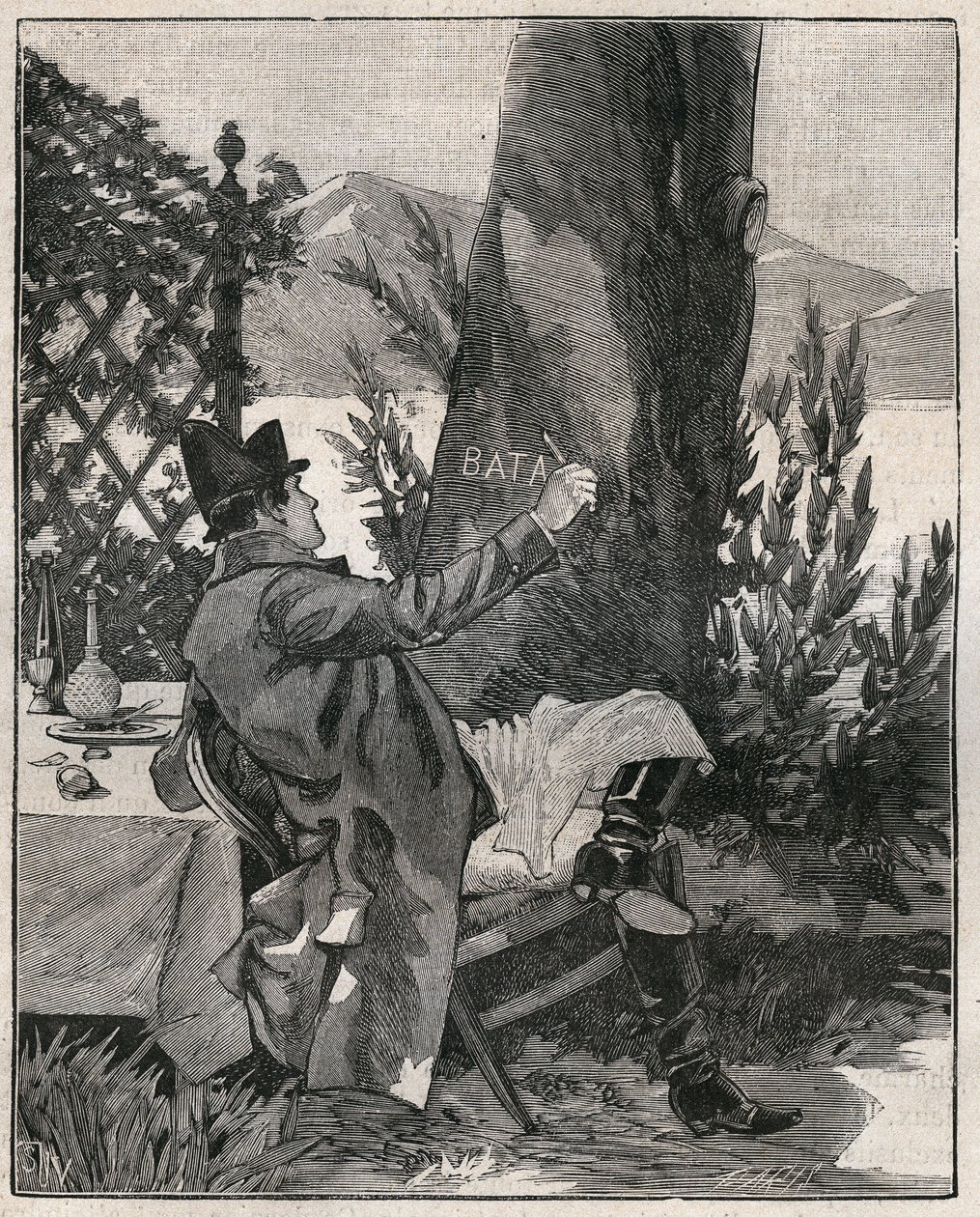 拿破仑-波拿巴（1769-1821）在1800年马焦雷湖（Lago Maggiore）的贝拉岛（Isola Bella）的一棵月桂树的树干上写下了 "Battaglia "这个词，这是在马伦戈战役的前三天。1885年在 "Les arts et metiers illustrstres "中的雕版画 作者 未知艺术家