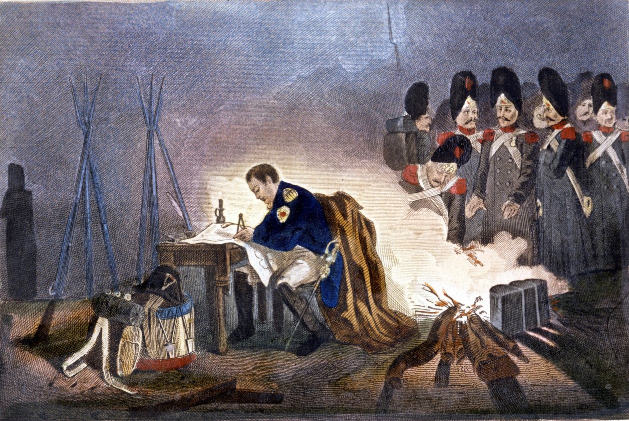 拿破仑一世在包岑战役中（德国）。 1813 年 5 月 20 日至 21 日。雕刻 19 世纪米兰 作者 未知艺术家