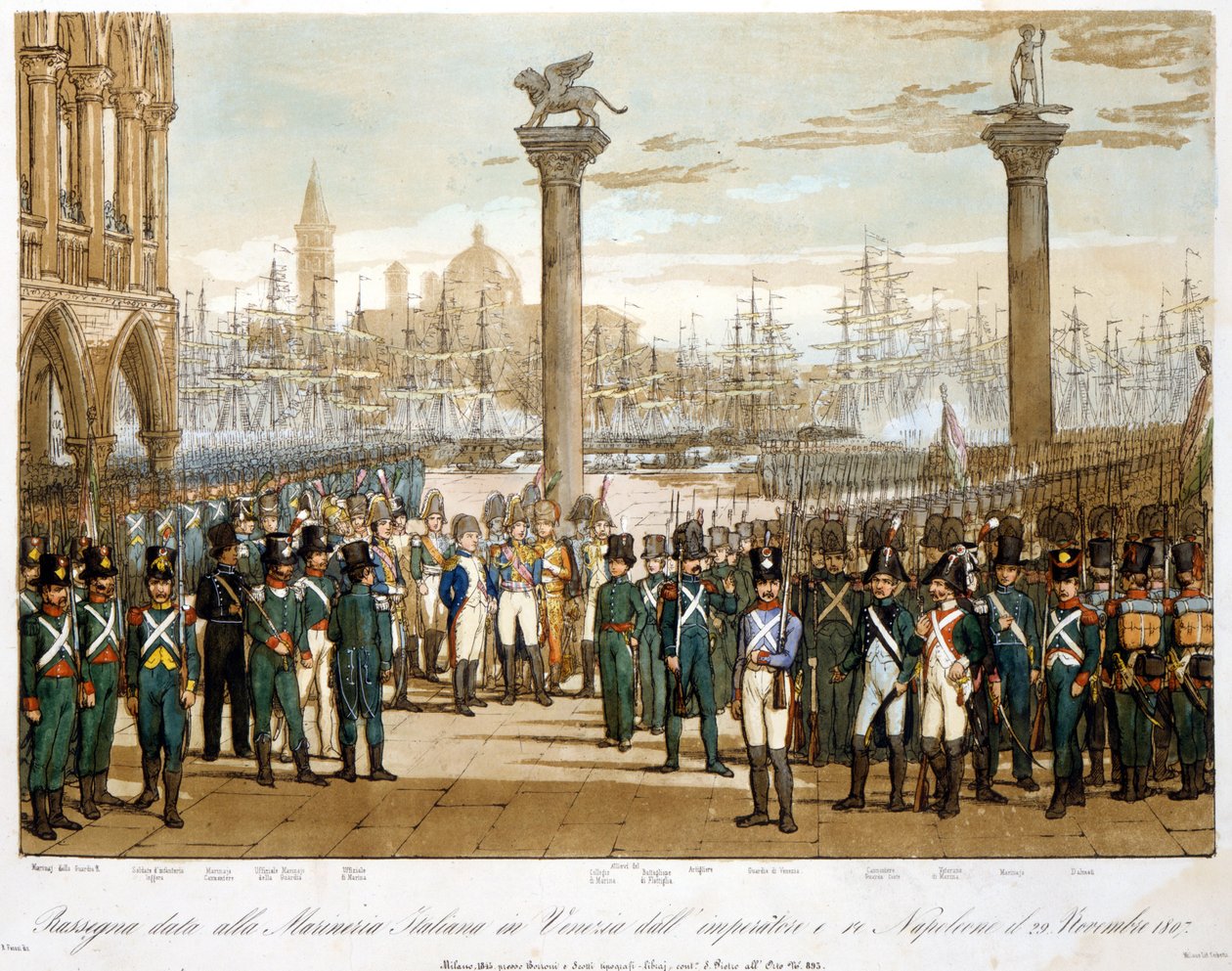 1807年11月29日，拿破仑一世在威尼斯，在意大利海军面前。1845年的雕版画 作者 未知艺术家