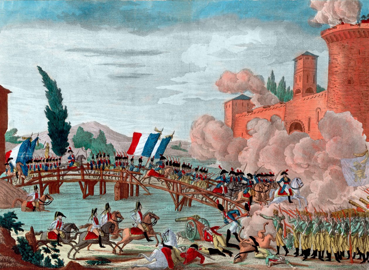 拿破仑率领他的军队通过洛迪桥--1796年拿破仑在洛迪桥的战斗和通过中--由拿破仑-波拿巴总司令委托的共和法国军队通过意大利的洛迪桥-- 作者 未知艺术家