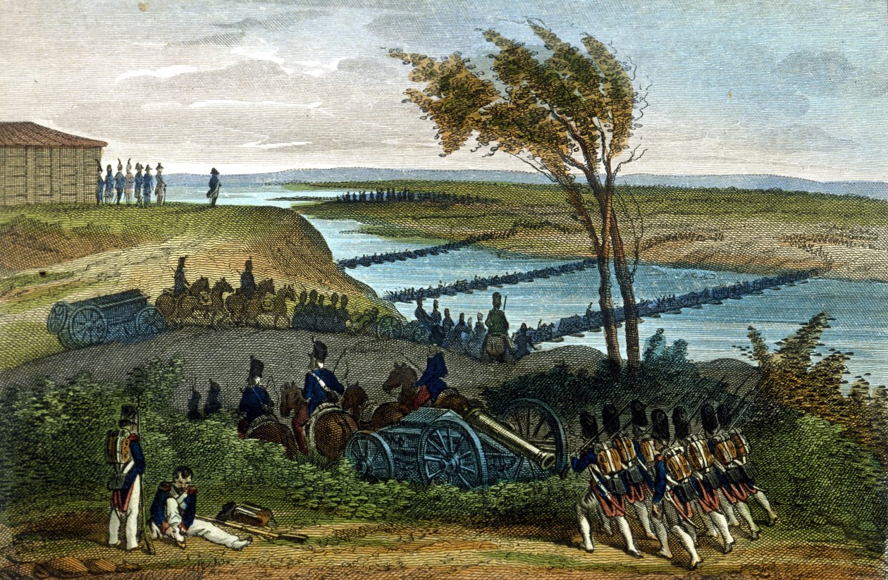 拿破仑战争：俄罗斯战役。 1812 年 6 月 24 日，涅曼河（Dnjemen）通过，将两个帝国分开。 19 世纪的雕刻。 作者 未知艺术家