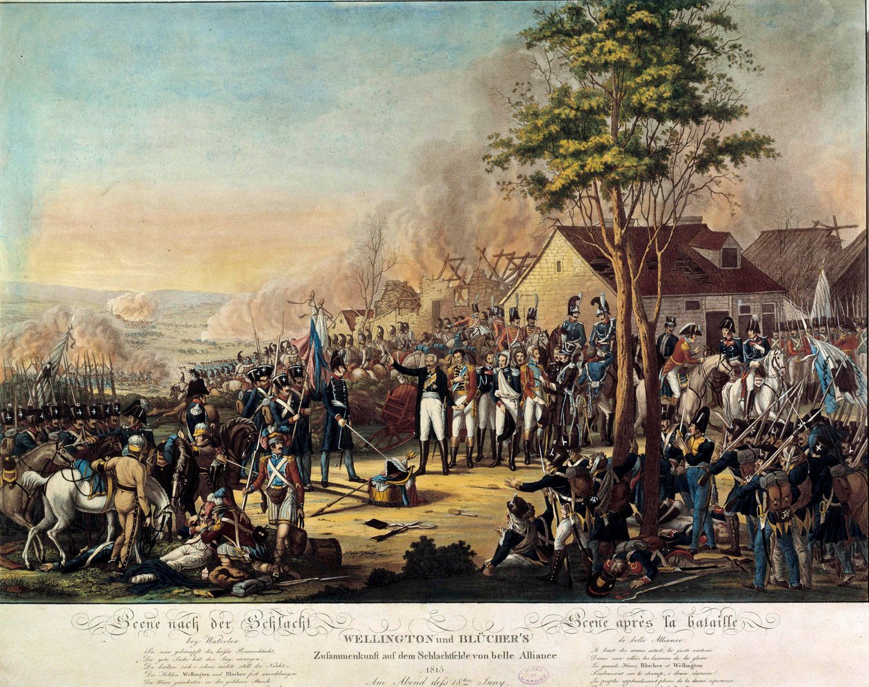 拿破仑战争：1815 年 6 月 18 日，在惠灵顿公爵亚瑟·韦尔斯利 (1769-1852) 和布卢彻王子的命令下，武装部队赢得了贝尔联盟或滑铁卢之战 作者 未知艺术家