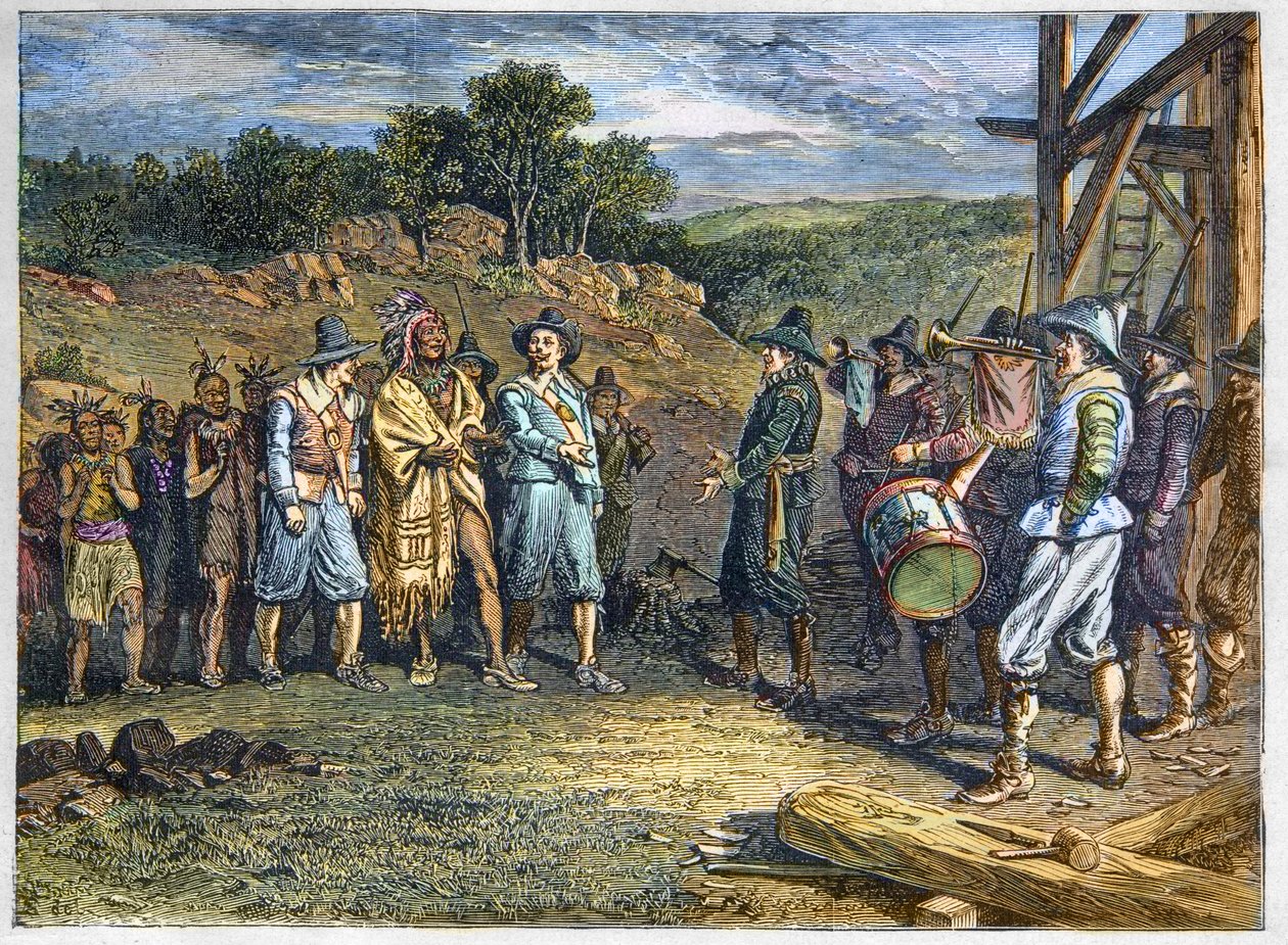 美国的原住民：印第安人。1620年，定居者在普利茅斯殖民地遇到了马萨索伊特（1590-1661），他也被称为万帕诺格部落的 "黄羽毛 "酋长。万帕诺格人领袖马萨索伊特在普利茅斯访问殖民者 作者 未知艺术家