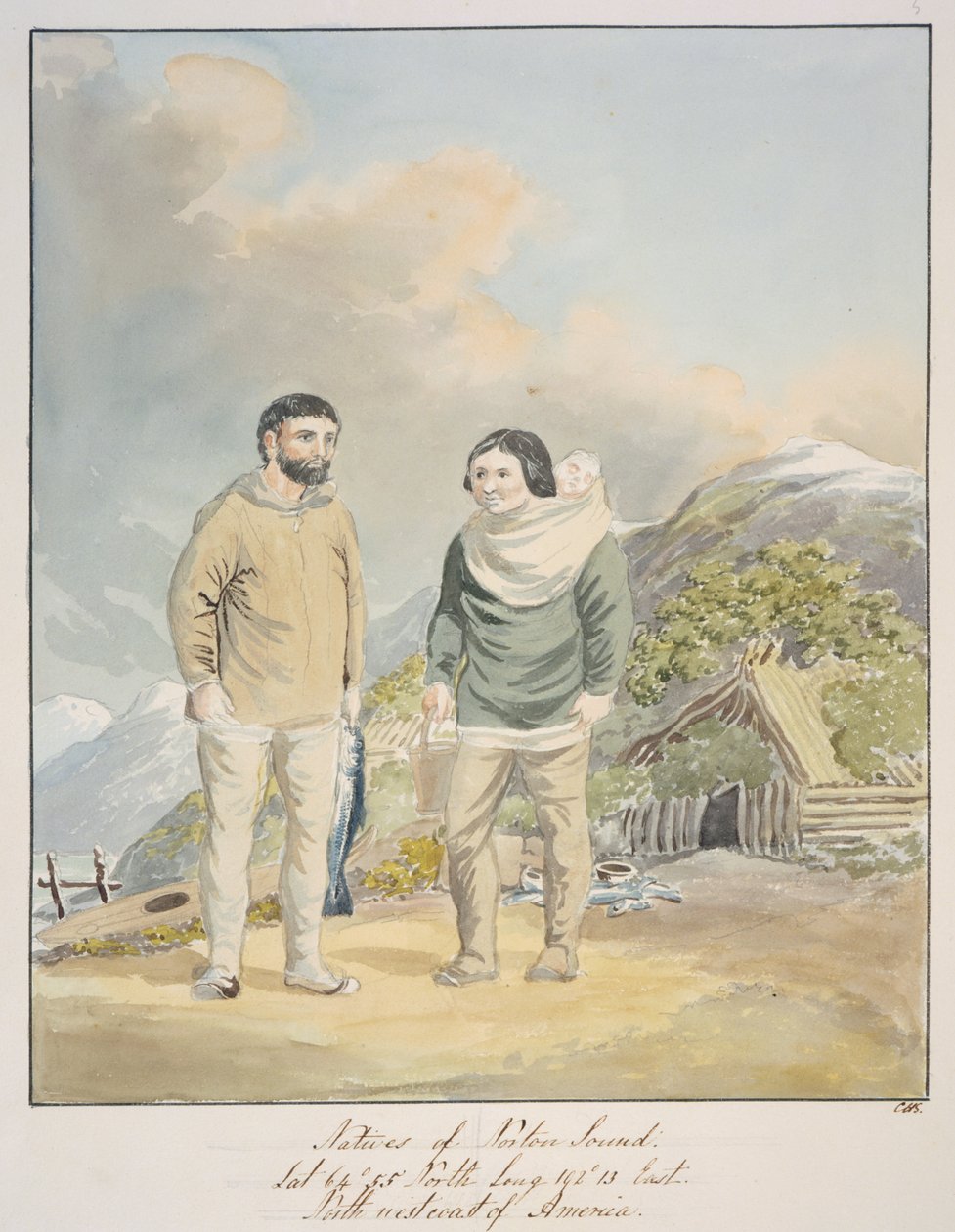 美国西北海岸诺顿湾的原住民，约 1843-50 年（水彩画） 作者 未知艺术家