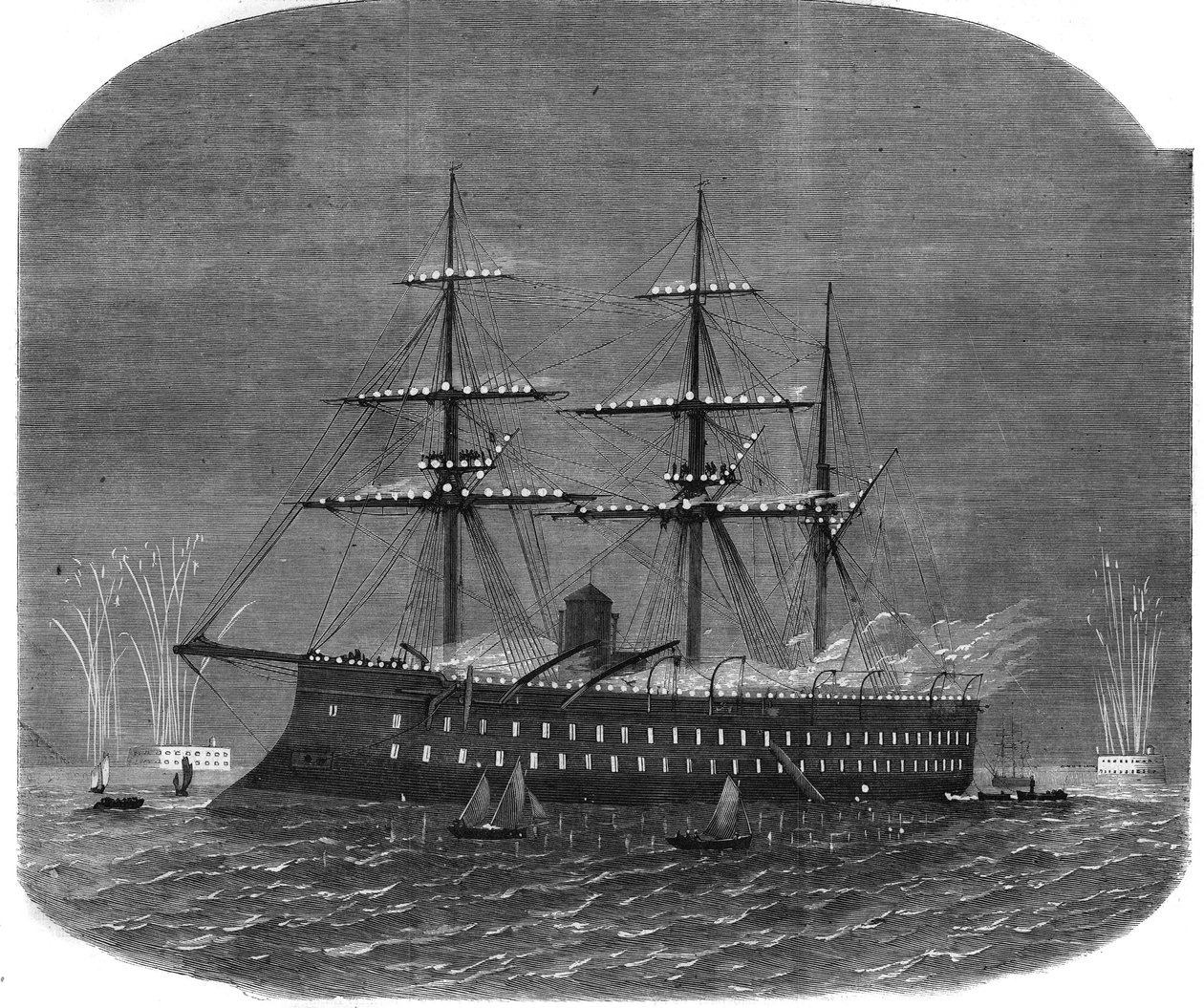 埃及苏丹伊斯梅尔-帕夏（1830-1895）航行至英国期间在斯皮特黑德港的海军照明。"图说宇宙 "中的雕版画 作者 未知艺术家