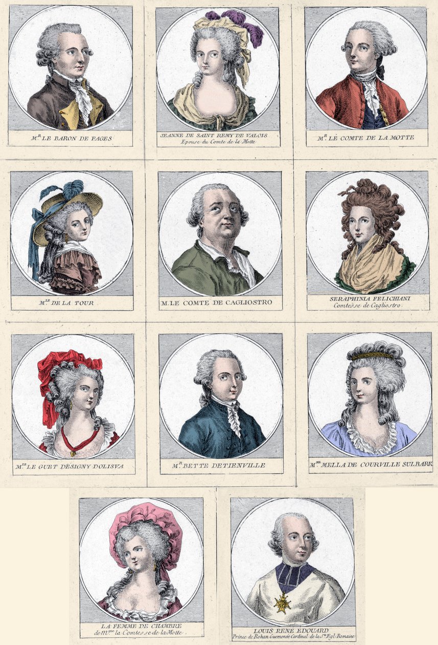 项链事件 - 1785-1786 年“Collier de la Reine”事件中涉及的主要人物（彩色雕刻） 作者 未知艺术家