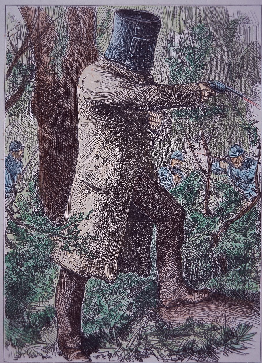 内德-凯利，穿着他特有的盔甲，在与警察的最后对峙中，1880年6月28日（彩色版画 作者 未知艺术家