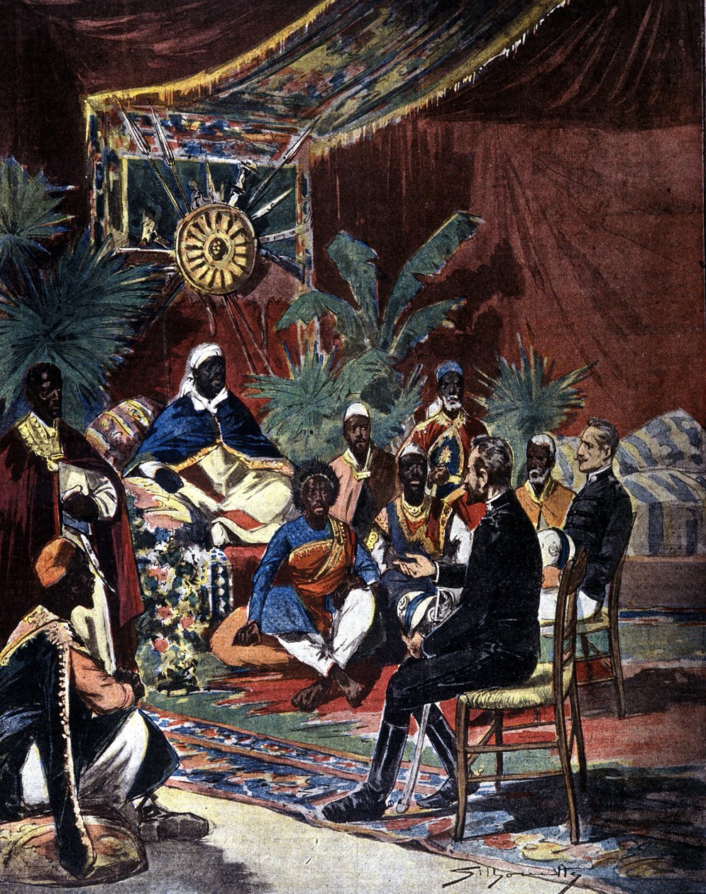 Negotiations for peace with Ethiopia after the Italian defeat in Adoua in 1896. Major Salsa and Captain Angherà met with King Menelik II (1844 - 1913) and his chiefs. Illustration of the late 19th century press by Silhouette. 作者 未知艺术家