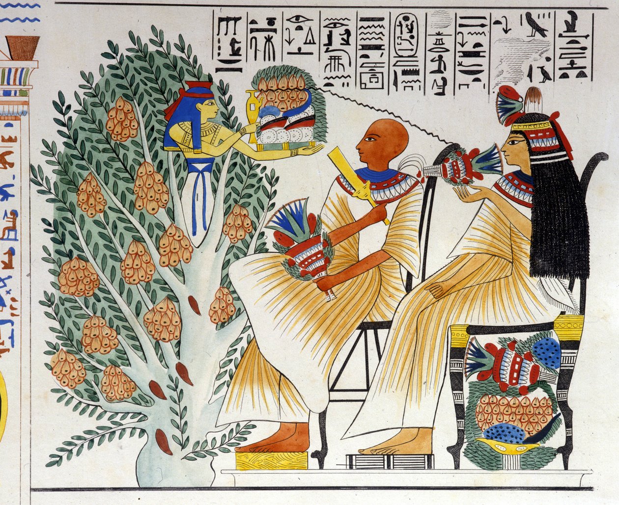 埃及女神奈芙蒂斯从神秘的树中跳出来，为死者提供食物——在伊波利托·罗西里尼 (Rossellini) 的“埃及和上努比亚纪念碑”中。 19 世纪。 作者 未知艺术家