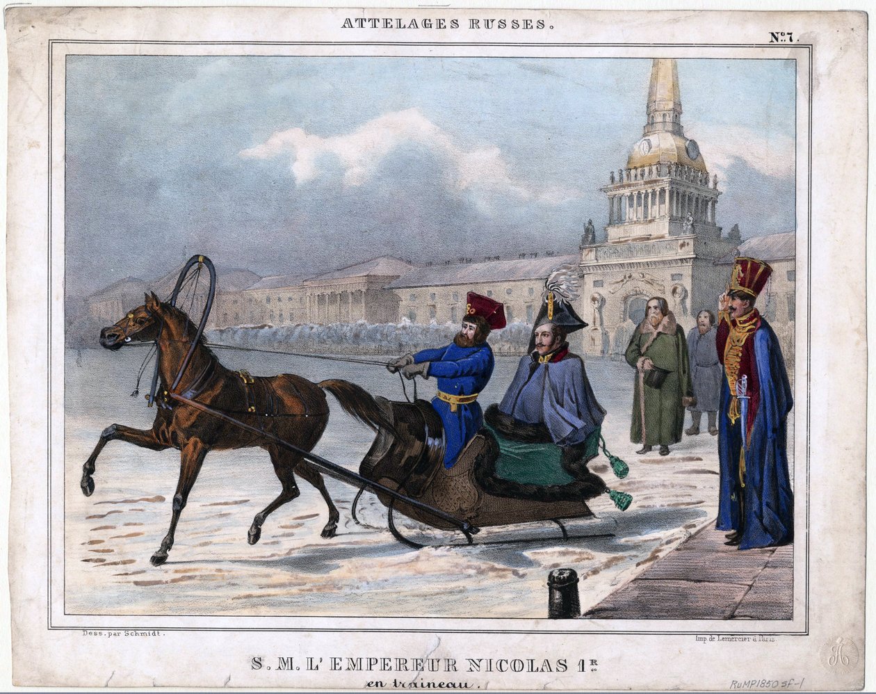 Nicolas I en traineau - Nicholas I of Russia in a sleigh - Anonymous - 1850 - 石版画，水彩 - 21,3x26,8 - 私人收藏 作者 未知艺术家