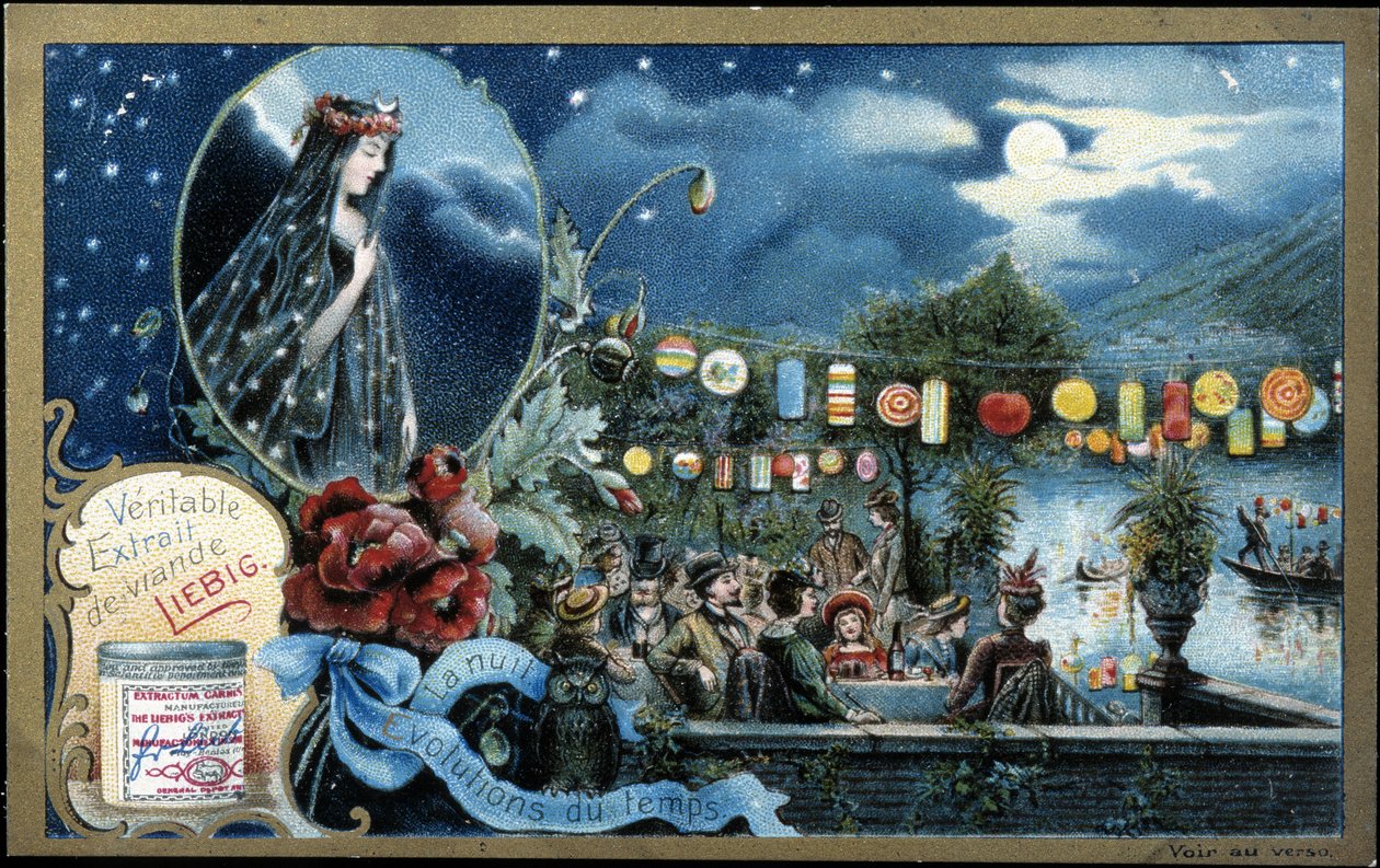 夜晚，在湖边举行的晚会，灯笼点亮 - Liebig chromolithography 作者 未知艺术家