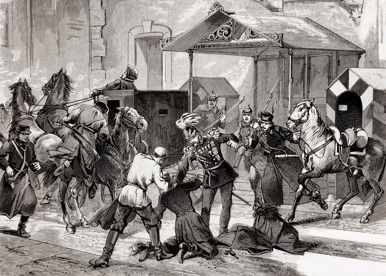 俄国的虚无主义--1880年在大莫斯科的旅馆门外企图刺杀营长助理洛里斯-梅利科夫（Loris-Melikoff）将军--19世纪的俄国虚无主义运动：企图刺杀L伯爵。 作者 未知艺术家