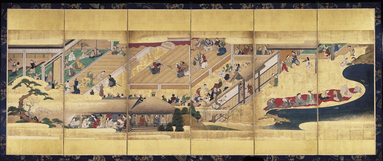能剧：船本庆（纸本水墨、色彩和金色，六扇屏风） 作者 未知艺术家