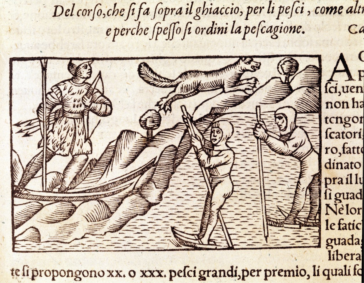 挪威猎人穿过滑雪板。 Olaus Magnus（1490 - 1557）雕刻，瑞典宗教和地理学家，“Historia de Gentis Septentrionalibus”，威尼斯 作者 未知艺术家