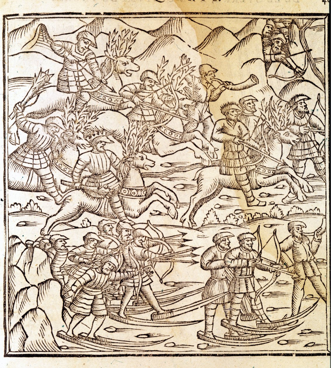 挪威猎人骑着滑雪板和驯鹿旅行。 Olaus Magnus (1490 - 1557) 雕刻，瑞典宗教和地理学家，“Historia de Gentis Septentrionalibus”，威尼斯 作者 未知艺术家