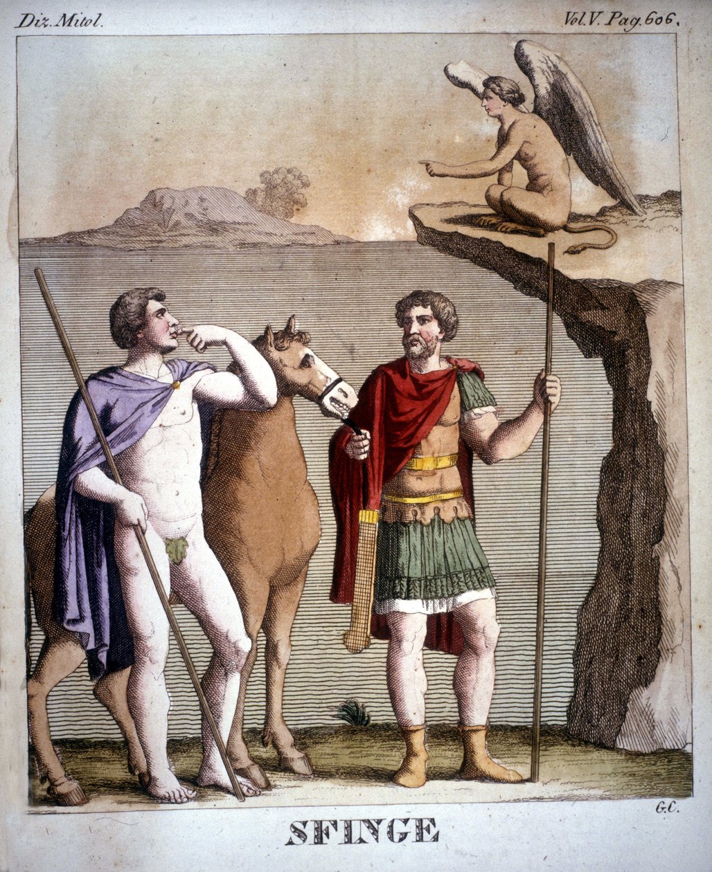 俄狄浦斯和狮身人面像 - 在“”Dizionario mitologico”中，19 世纪版画，Bibl。 迪布雷拉，米兰。 作者 未知艺术家