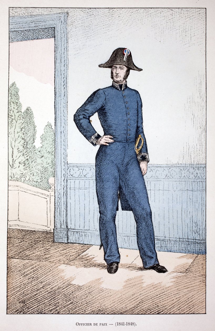 Officer of Peace (1841-1848). Eau forte en couleurs, pour illustration “” Histoire du corps des gardiens de la paix””” book published under the auspices of Louis Lepine (1846-1933) prefet de police de la Seine, by Alfred Rey (1864-?) and Louis Feron (1862- 作者 未知艺术家