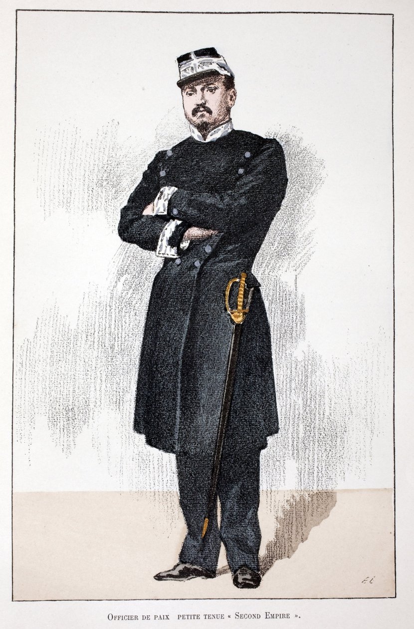 和平官员，第二帝国小礼服（1852-1870）。彩色蚀刻版画，用于为路易-勒平（1846-1933）主持出版的塞纳河警察局局长阿尔弗雷德-雷伊（186）的《和平卫士部队史》一书作插图。 作者 未知艺术家