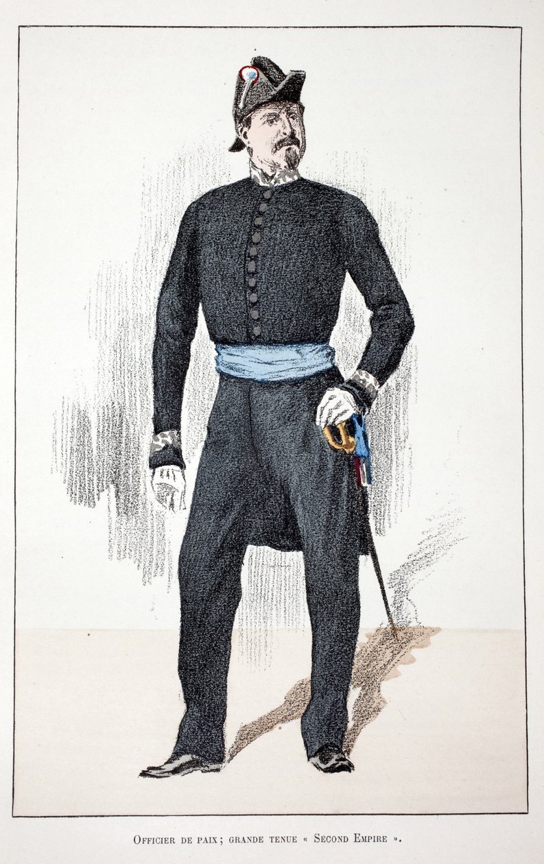 大第二帝国太平官（1852-1870）。 蚀刻颜色，作为插图 “”Histoire du corps des gardiens de la paix ”””由塞纳河警察局长 Louis Lepine (1846-1933) 主持出版的书，Alfred Rey (1864- 作者 未知艺术家