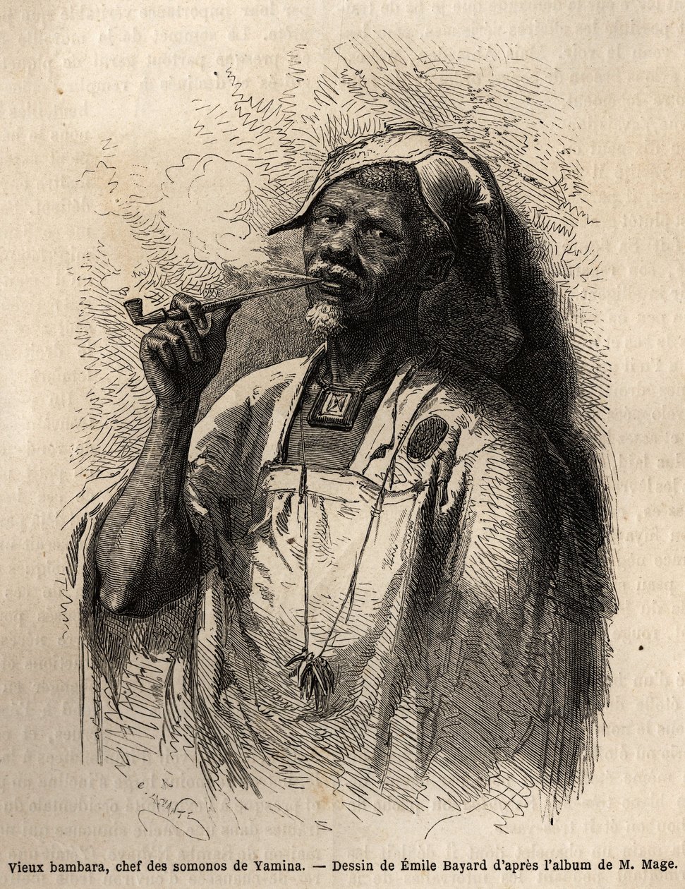 Old Bambara, chief of tribe in Yamina (Niger) smoking the pipe and wearing the traditional chief cover of his tribe. Engraving to illustrate the voyage to Western Sudan of Lieutenant (Navy) M.Mage, in 1863-1866, published in “Le tour du monde, nouveau jour 作者 未知艺术家