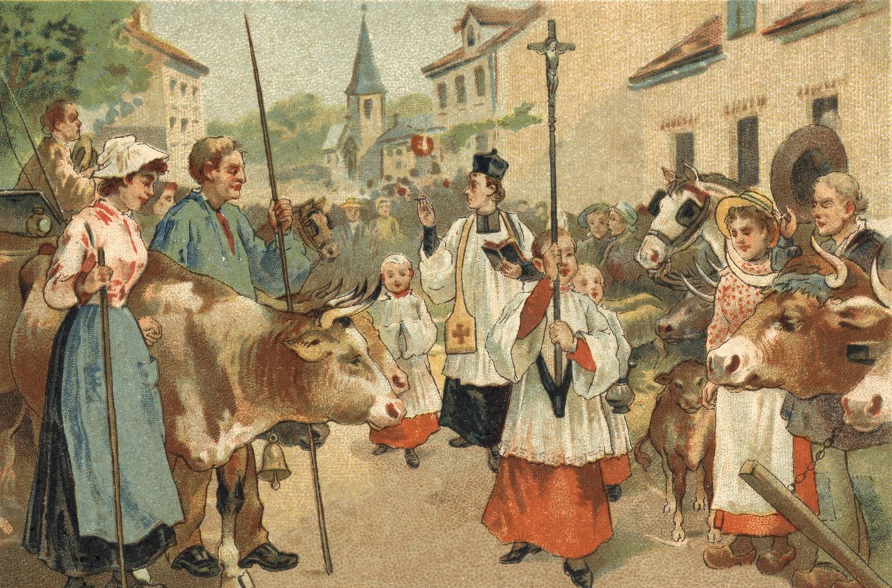 尼维纳地区庆祝的古老习俗：为牧群祈福。19世纪末的彩色石版画。 作者 未知艺术家