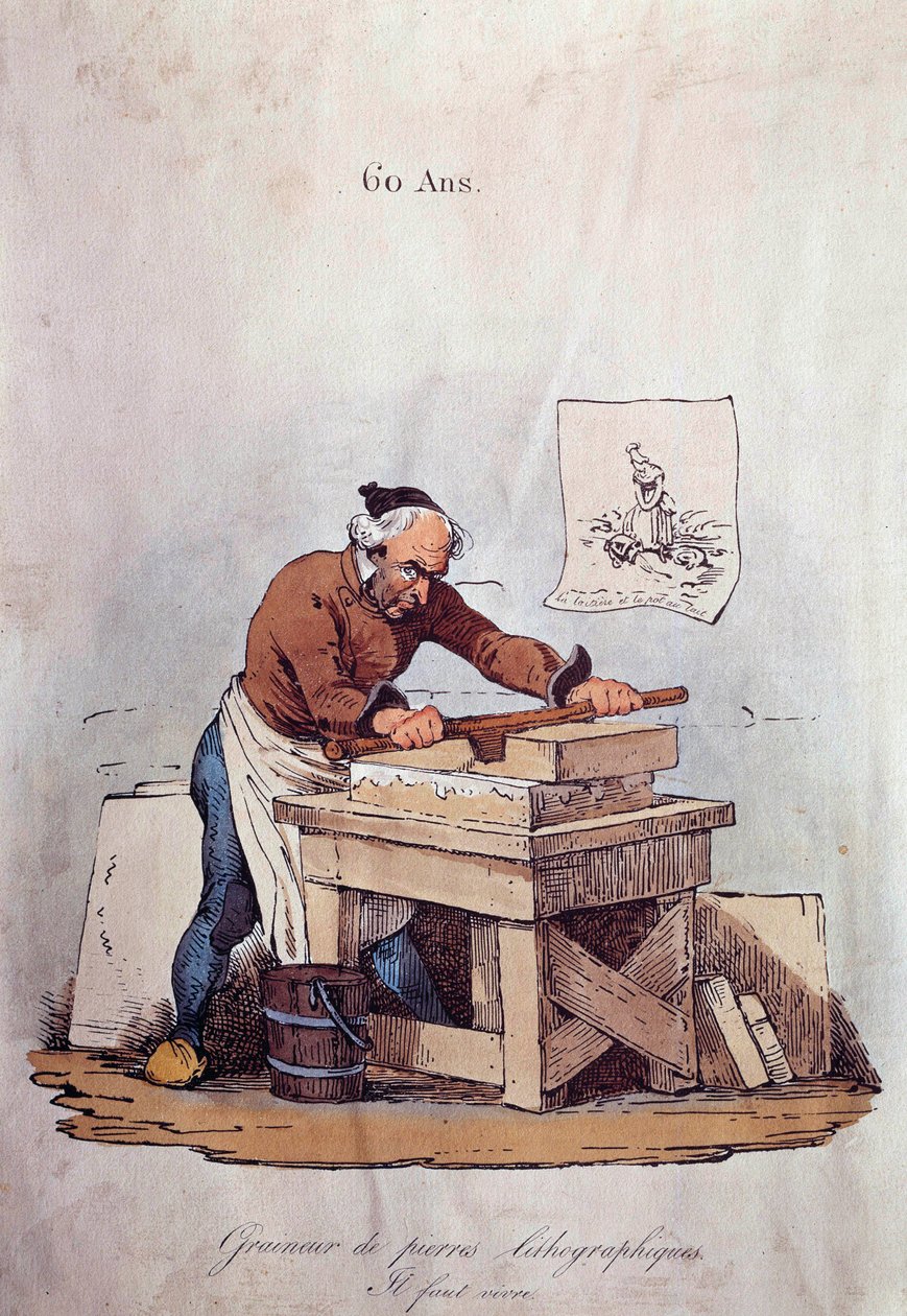 Old metiers: the lithographic stone grainer. This is one of the steps in printing lithographs which consists in preparing the stone with ink. Illustration of the 19th century Private collection 作者 未知艺术家