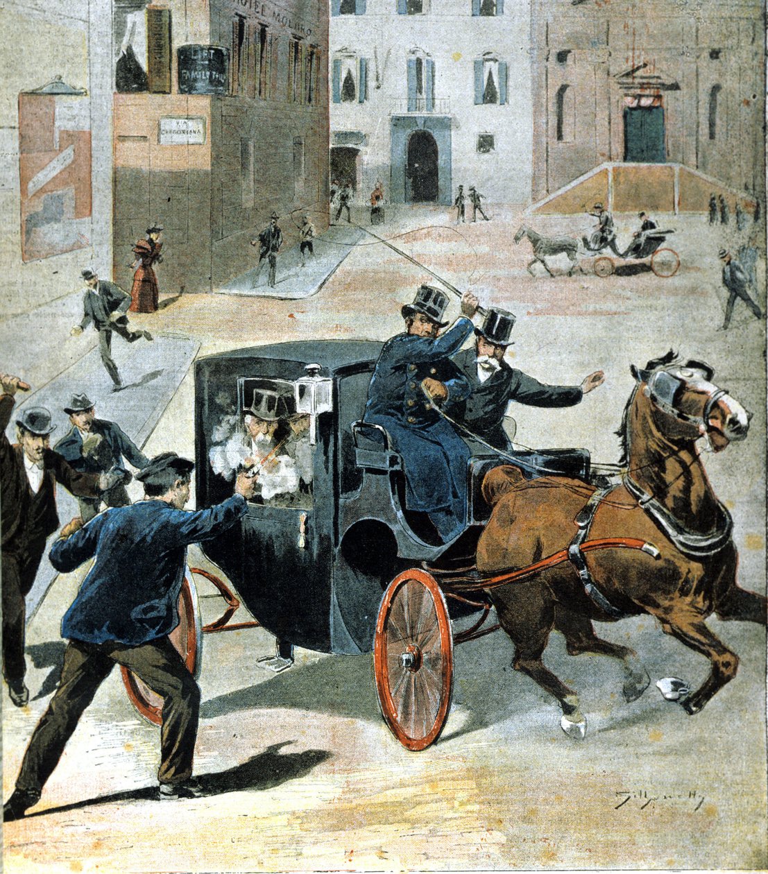 1894 年 6 月 16 日，在罗马，无政府主义者保罗·莱加（Paolo Lega）向意大利议会主席弗朗切斯科·克里斯皮（Francesco Crispi）开了一支左轮手枪。 那个时期的插图。 作者 未知艺术家