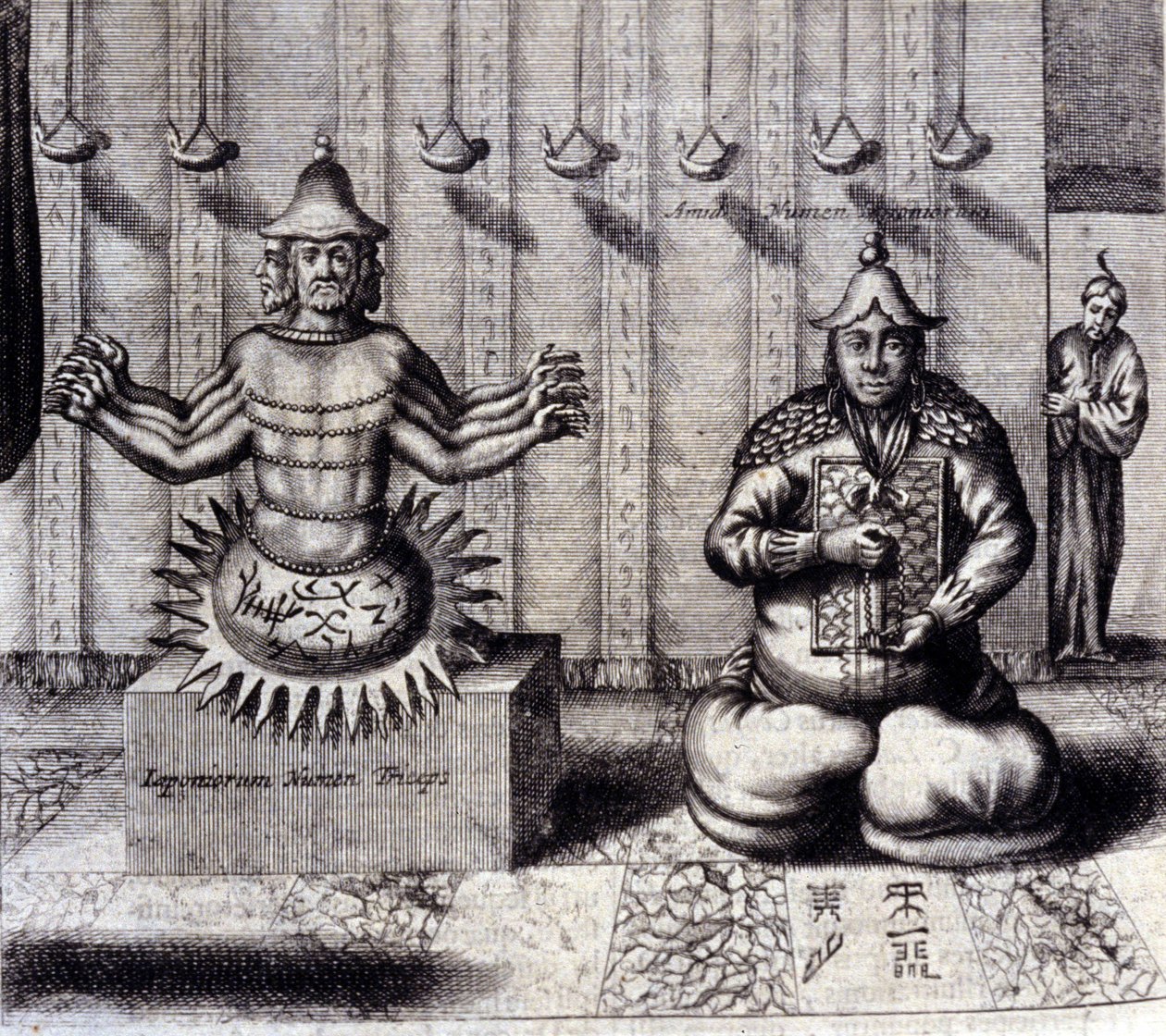 左边是八臂印度神，右边是阿弥陀佛。 “德中国纪念碑”，作者 Athanasius Kircher（1601 - 1680），耶稣会士、东方学家和德国学者，阿姆斯特丹 1667。 作者 未知艺术家