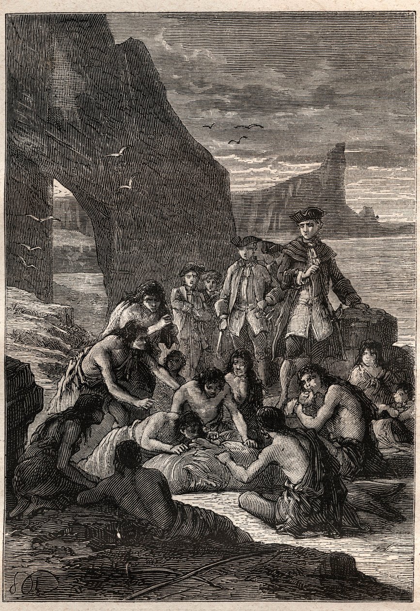 其中一个人用牙齿脱钩。海军中将约翰-拜伦（1723-1786）在麦哲伦底特律的一个岛屿上--Fuegians（火地岛的居民）用他们的牙齿解开了一条在海滩上被撕碎和石化的鲸鱼--病了 作者 未知艺术家