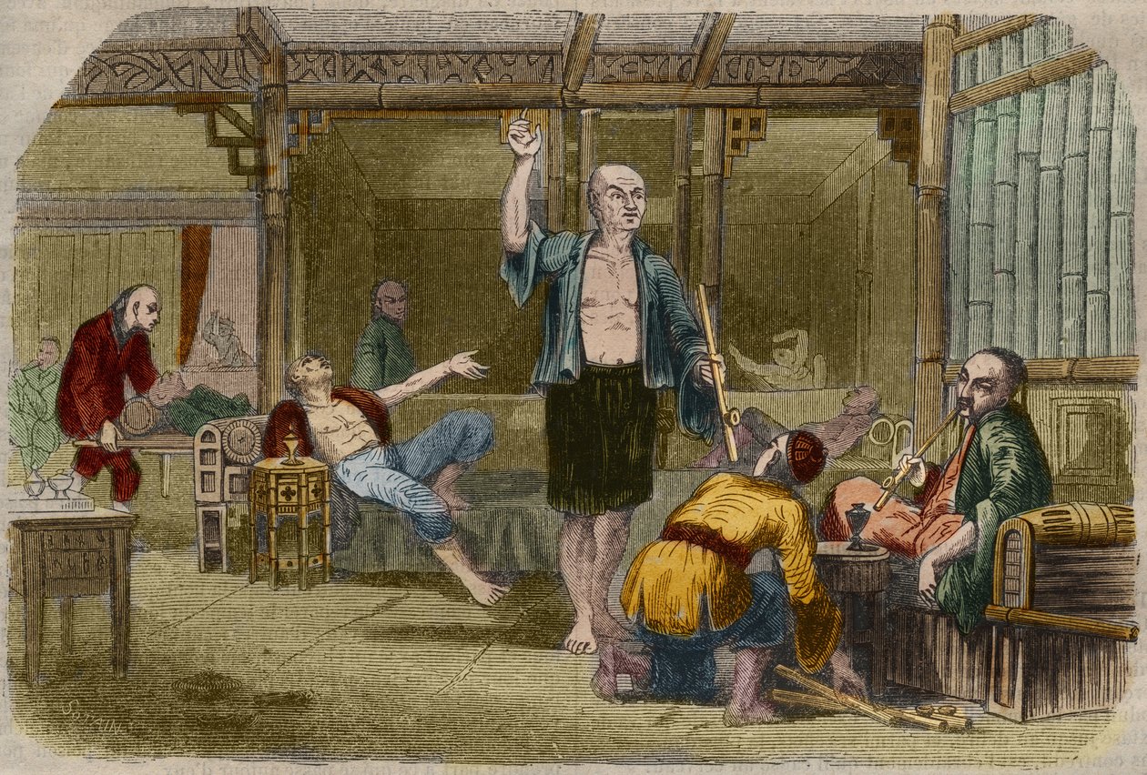 19世纪中期中国的鸦片吸食者。1857年在 "Le Musee Des Sciences "中的雕版画 作者 未知艺术家