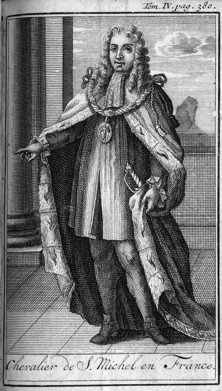 15世纪法国的圣米歇尔骑士勋章（Chevalier de Saint Michel）。在 "军事命令或骑士的历史，到目前为止已经建立的两性的seculieres和regulars militias。版本取自Abbe Giustiniani, R.P.Bonan 作者 未知艺术家