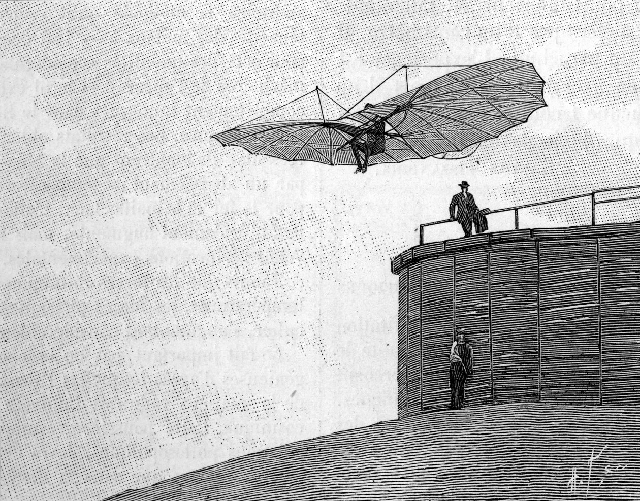 奥托-李林塔尔（1848-1896），德国航空先驱，带着他的飞行器从他的木塔上跃下（来自一张即时照片）。2月3日 "自然：科学与艺术和工业应用杂志 "中的雕刻。 作者 未知艺术家