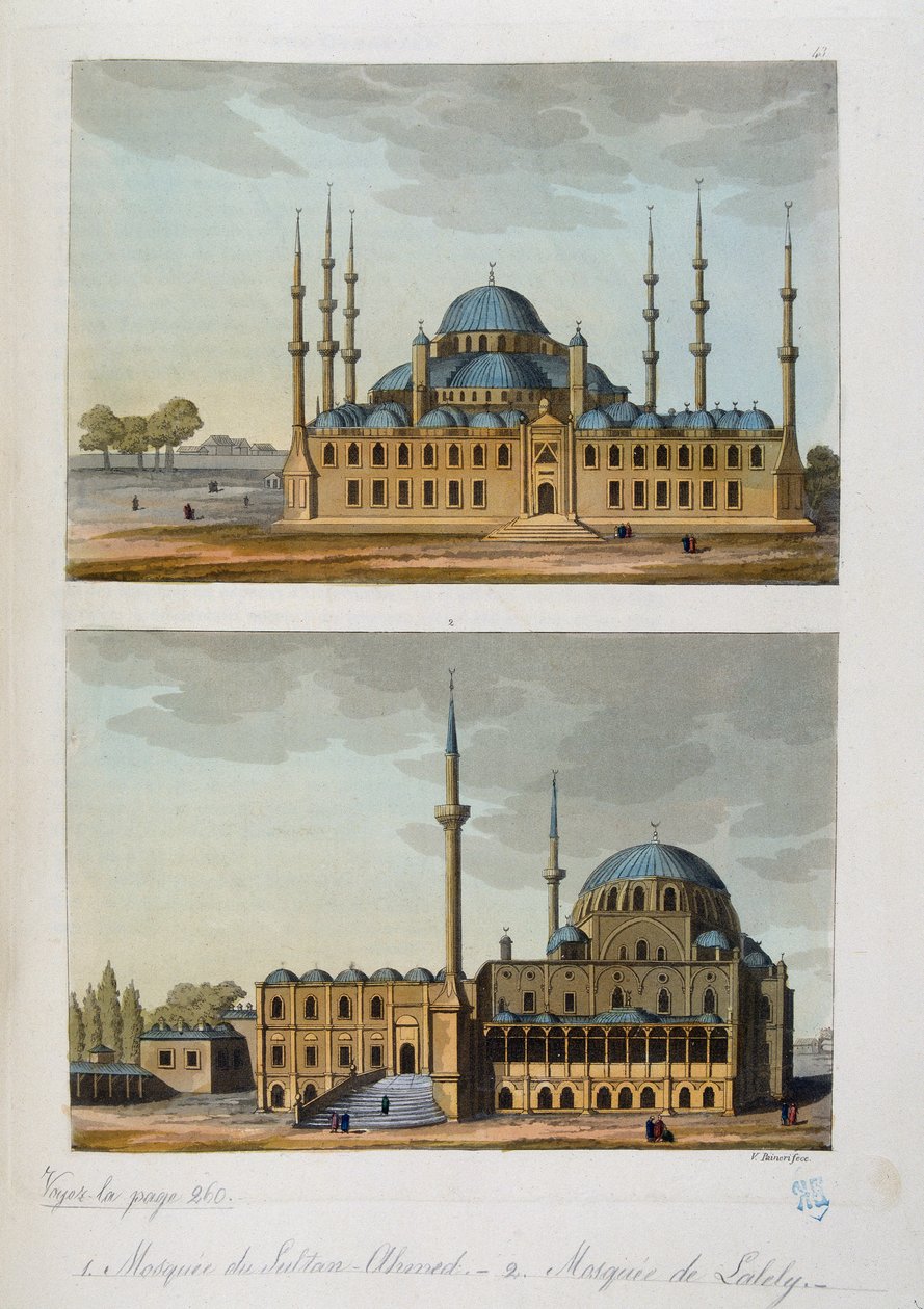 奥斯曼帝国：蓝色清真寺（或 Sultanahmet Camii）由苏丹艾哈迈德（艾哈迈德）一世和伊斯坦布尔的拉莱利清真寺建造 - 在“古代和现代服装”“”中，费拉里奥，ed Milan 作者 未知艺术家