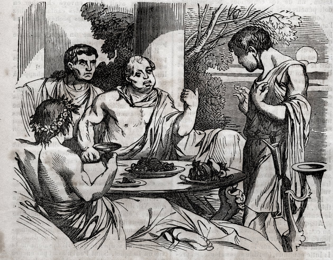 户外宴会场景--维泰利乌斯（Aulus Vitellius Germanicus Imperator Augustus）罗马皇帝（15-69）正在举行宴会--刻在《全民健康--家庭医疗指南》1852年的版画。 作者 未知艺术家