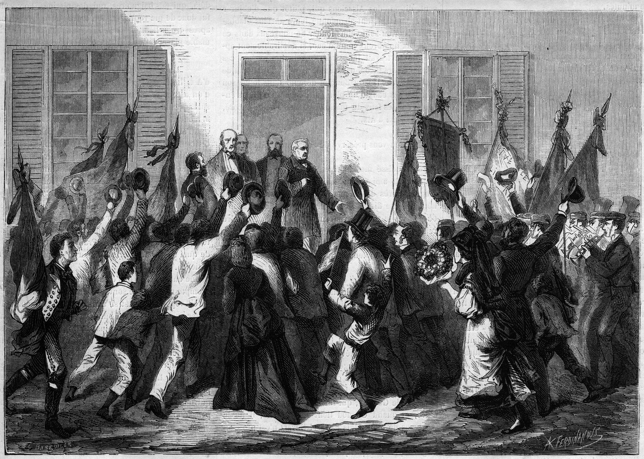 1873年贝尔福特的居民向法兰西共和国总统阿道夫-梯也尔（1797-1877）致敬。 作者 未知艺术家