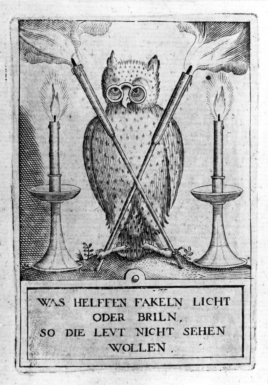 戴眼镜的猫头鹰，智慧的象征。 “Amphitheatrum sapientiae aeternae”的雕刻。 （永恒智慧圆形剧场）（汉堡：n.n. 作者 未知艺术家